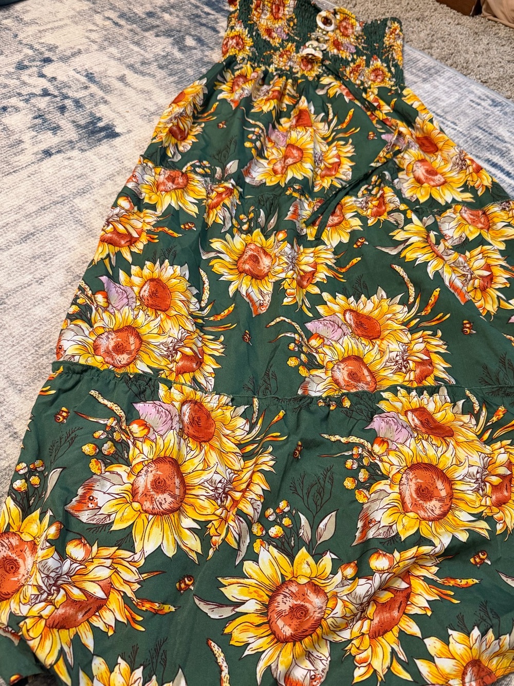 Green Sunflower Print Maxi Skirt with Smocked Waist